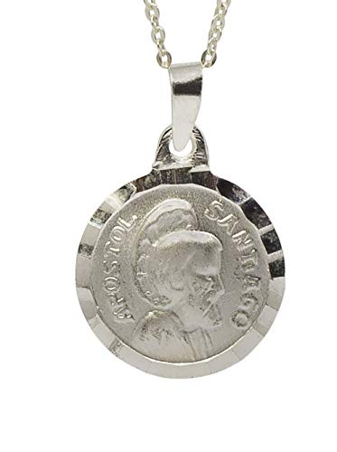 Sicuore Colgante Medalla Santiago Apóstol - Elaborada en Plata de Ley 925 - Diseño Religioso con Medalla de 15x15 mm - Cadena de 45 cm con Cierre de Reasa - Incluye Estuche