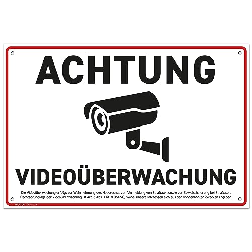 HAGEFOL® Señal de videovigilancia (30 x 20 cm – grande) con 4 agujeros, incluye aviso legal DSGVO, para videovigilancia exterior, cámara de vigilancia o cámara atrappe exterior